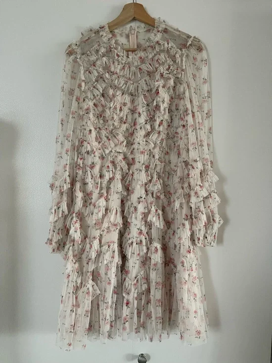 Needle & Thread Floral Ruffle Tiered Mini Dress in Ivory with Pink Roses - Picture 1 of 3